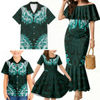 New Zealand Ta Moko Family Matching Mermaid Dress and Hawaiian Shirt Aotearoa Maori Chest Tattoo Turquoise