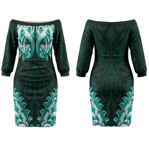 New Zealand Ta Moko Family Matching Off The Shoulder Long Sleeve Dress and Hawaiian Shirt Aotearoa Maori Chest Tattoo Turquoise