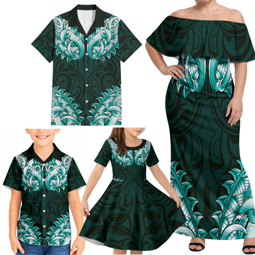 New Zealand Ta Moko Family Matching Off Shoulder Maxi Dress and Hawaiian Shirt Aotearoa Maori Chest Tattoo Turquoise