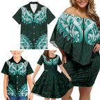 New Zealand Ta Moko Family Matching Off Shoulder Short Dress and Hawaiian Shirt Aotearoa Maori Chest Tattoo Turquoise