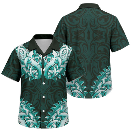 New Zealand Ta Moko Family Matching Off Shoulder Short Dress and Hawaiian Shirt Aotearoa Maori Chest Tattoo Turquoise