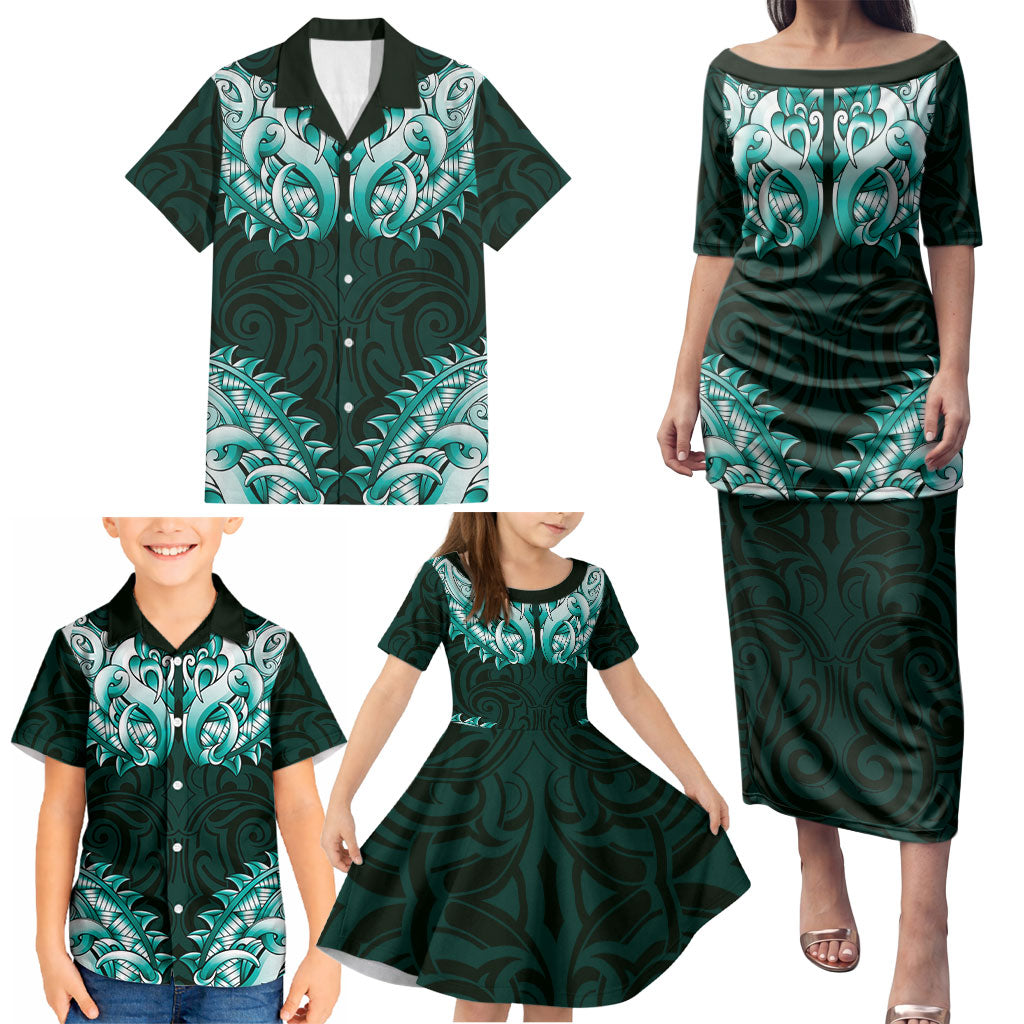 New Zealand Ta Moko Family Matching Puletasi and Hawaiian Shirt Aotearoa Maori Chest Tattoo Turquoise