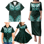 New Zealand Ta Moko Family Matching Puletasi and Hawaiian Shirt Aotearoa Maori Chest Tattoo Turquoise