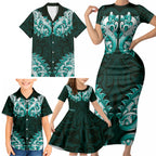 New Zealand Ta Moko Family Matching Short Sleeve Bodycon Dress and Hawaiian Shirt Aotearoa Maori Chest Tattoo Turquoise