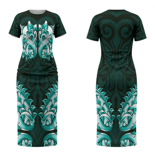 New Zealand Ta Moko Family Matching Short Sleeve Bodycon Dress and Hawaiian Shirt Aotearoa Maori Chest Tattoo Turquoise