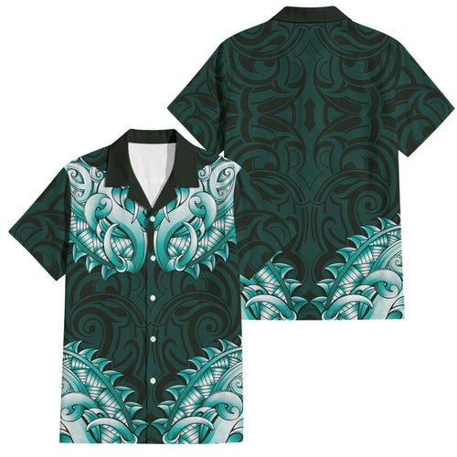New Zealand Ta Moko Family Matching Short Sleeve Bodycon Dress and Hawaiian Shirt Aotearoa Maori Chest Tattoo Turquoise