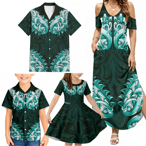 New Zealand Ta Moko Family Matching Summer Maxi Dress and Hawaiian Shirt Aotearoa Maori Chest Tattoo Turquoise