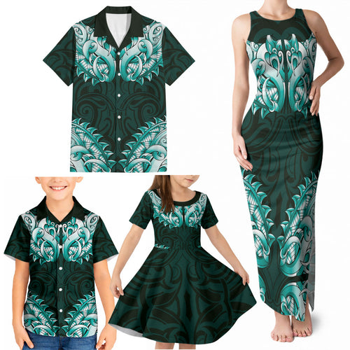 New Zealand Ta Moko Family Matching Tank Maxi Dress and Hawaiian Shirt Aotearoa Maori Chest Tattoo Turquoise