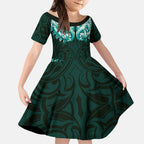 New Zealand Ta Moko Kid Short Sleeve Dress Aotearoa Maori Chest Tattoo Turquoise