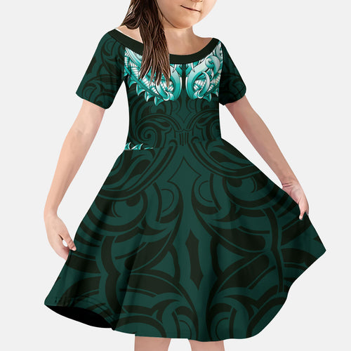 New Zealand Ta Moko Kid Short Sleeve Dress Aotearoa Maori Chest Tattoo Turquoise