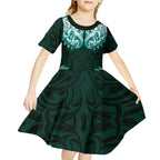 New Zealand Ta Moko Kid Short Sleeve Dress Aotearoa Maori Chest Tattoo Turquoise