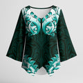 New Zealand Ta Moko Kimono Sleeve Blouse Aotearoa Maori Chest Tattoo Turquoise