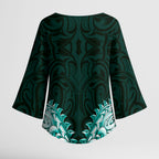 New Zealand Ta Moko Kimono Sleeve Blouse Aotearoa Maori Chest Tattoo Turquoise