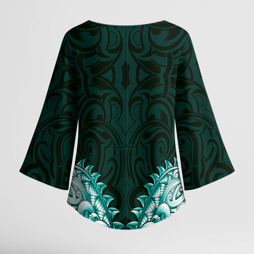 New Zealand Ta Moko Kimono Sleeve Blouse Aotearoa Maori Chest Tattoo Turquoise