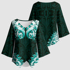 New Zealand Ta Moko Kimono Sleeve Blouse Aotearoa Maori Chest Tattoo Turquoise