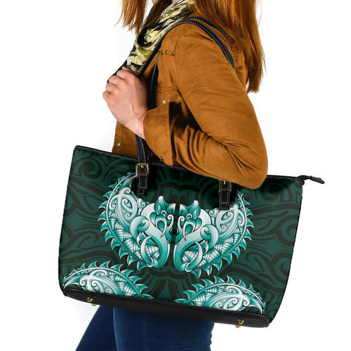New Zealand Ta Moko Leather Tote Bag Aotearoa Maori Chest Tattoo Turquoise