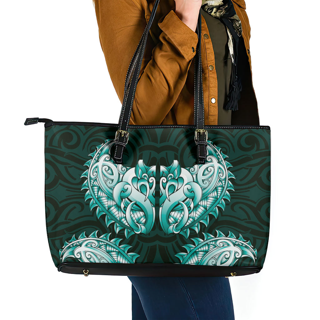 New Zealand Ta Moko Leather Tote Bag Aotearoa Maori Chest Tattoo Turquoise