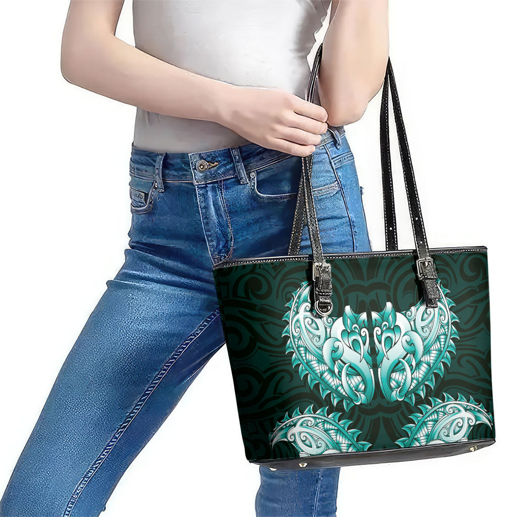 New Zealand Ta Moko Leather Tote Bag Aotearoa Maori Chest Tattoo Turquoise