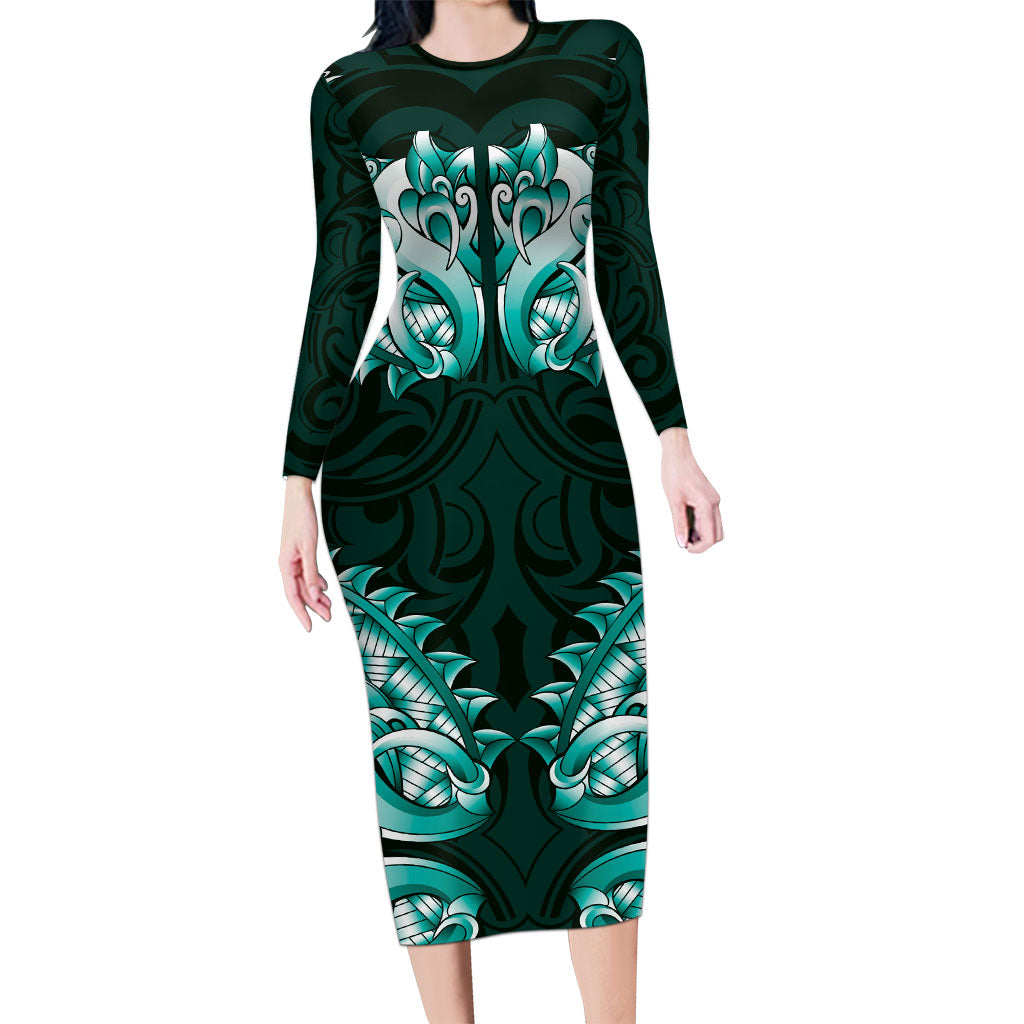 New Zealand Ta Moko Long Sleeve Bodycon Dress Aotearoa Maori Chest Tattoo Turquoise