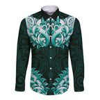New Zealand Ta Moko Long Sleeve Button Shirt Aotearoa Maori Chest Tattoo Turquoise
