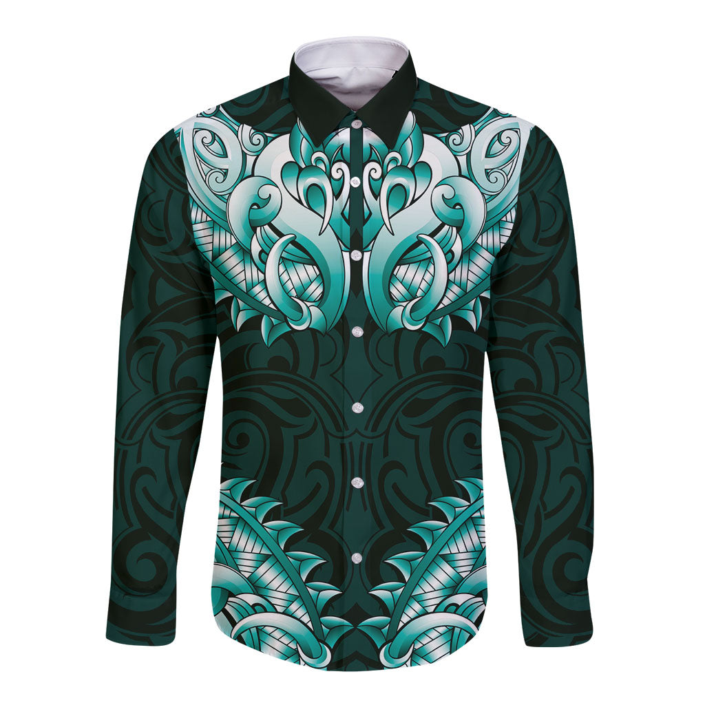 New Zealand Ta Moko Long Sleeve Button Shirt Aotearoa Maori Chest Tattoo Turquoise
