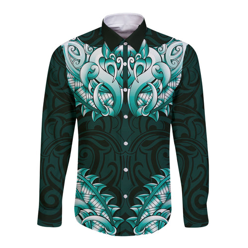 New Zealand Ta Moko Long Sleeve Button Shirt Aotearoa Maori Chest Tattoo Turquoise
