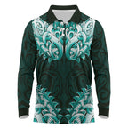 New Zealand Ta Moko Long Sleeve Polo Shirt Aotearoa Maori Chest Tattoo Turquoise