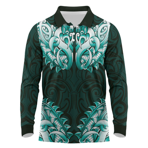 New Zealand Ta Moko Long Sleeve Polo Shirt Aotearoa Maori Chest Tattoo Turquoise