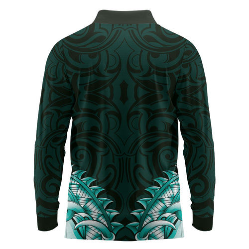 New Zealand Ta Moko Long Sleeve Polo Shirt Aotearoa Maori Chest Tattoo Turquoise
