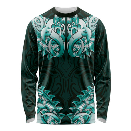 New Zealand Ta Moko Long Sleeve Shirt Aotearoa Maori Chest Tattoo Turquoise