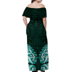 New Zealand Ta Moko Off Shoulder Maxi Dress Aotearoa Maori Chest Tattoo Turquoise