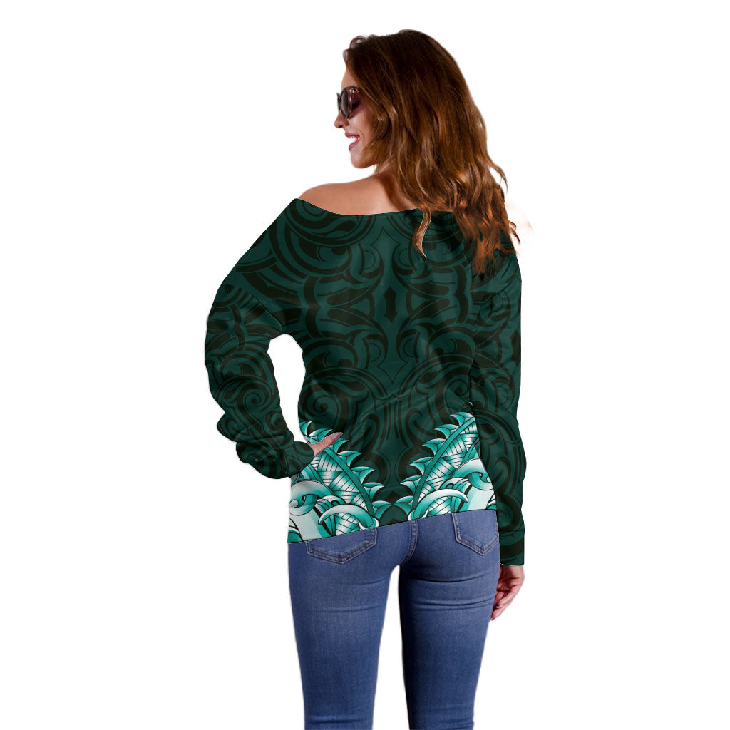 New Zealand Ta Moko Off Shoulder Sweater Aotearoa Maori Chest Tattoo Turquoise