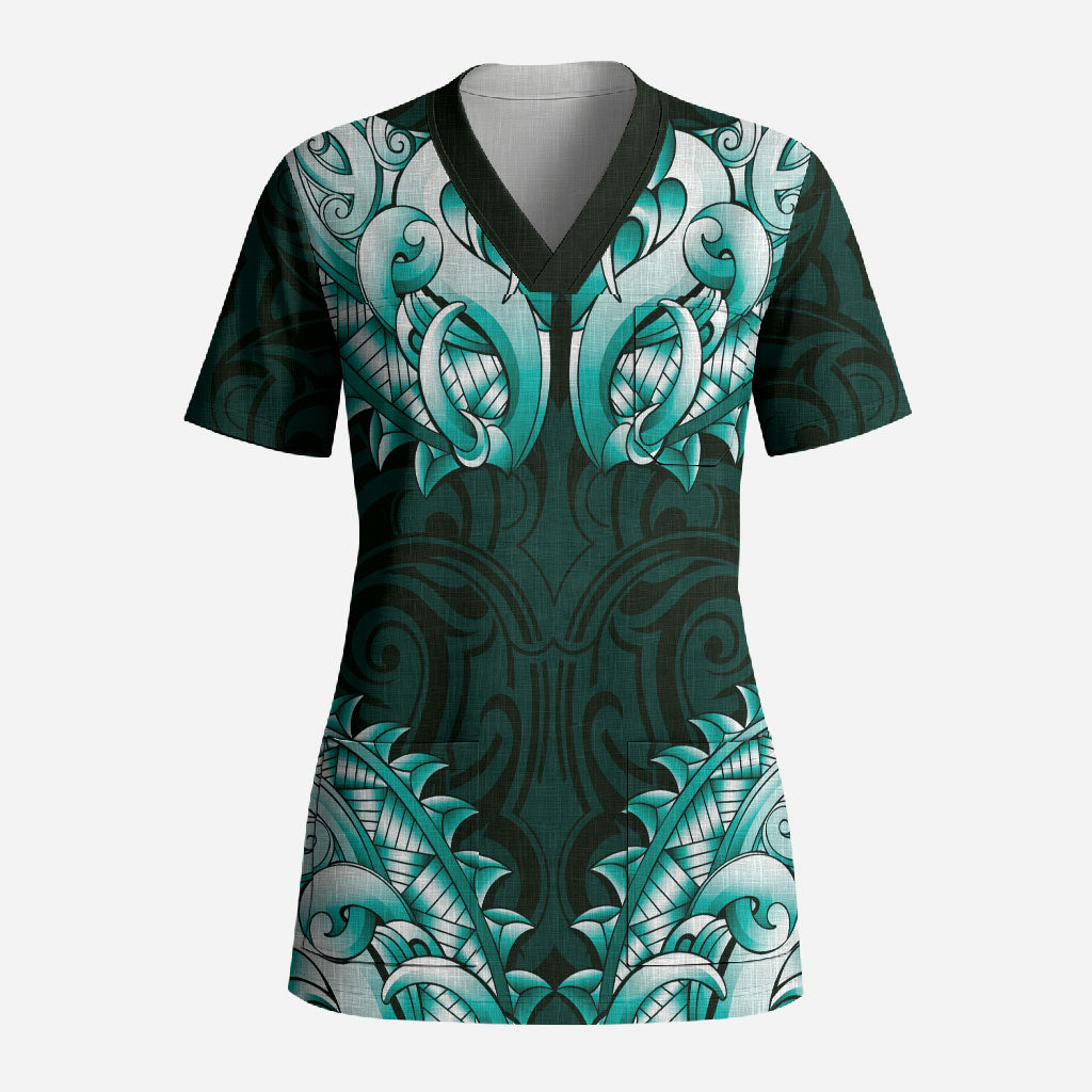 New Zealand Ta Moko Scrub Top Aotearoa Maori Chest Tattoo Turquoise