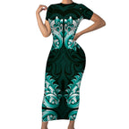 New Zealand Ta Moko Short Sleeve Bodycon Dress Aotearoa Maori Chest Tattoo Turquoise