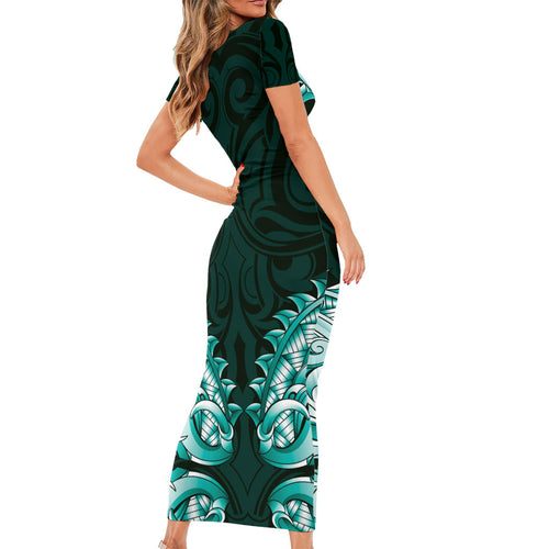 New Zealand Ta Moko Short Sleeve Bodycon Dress Aotearoa Maori Chest Tattoo Turquoise