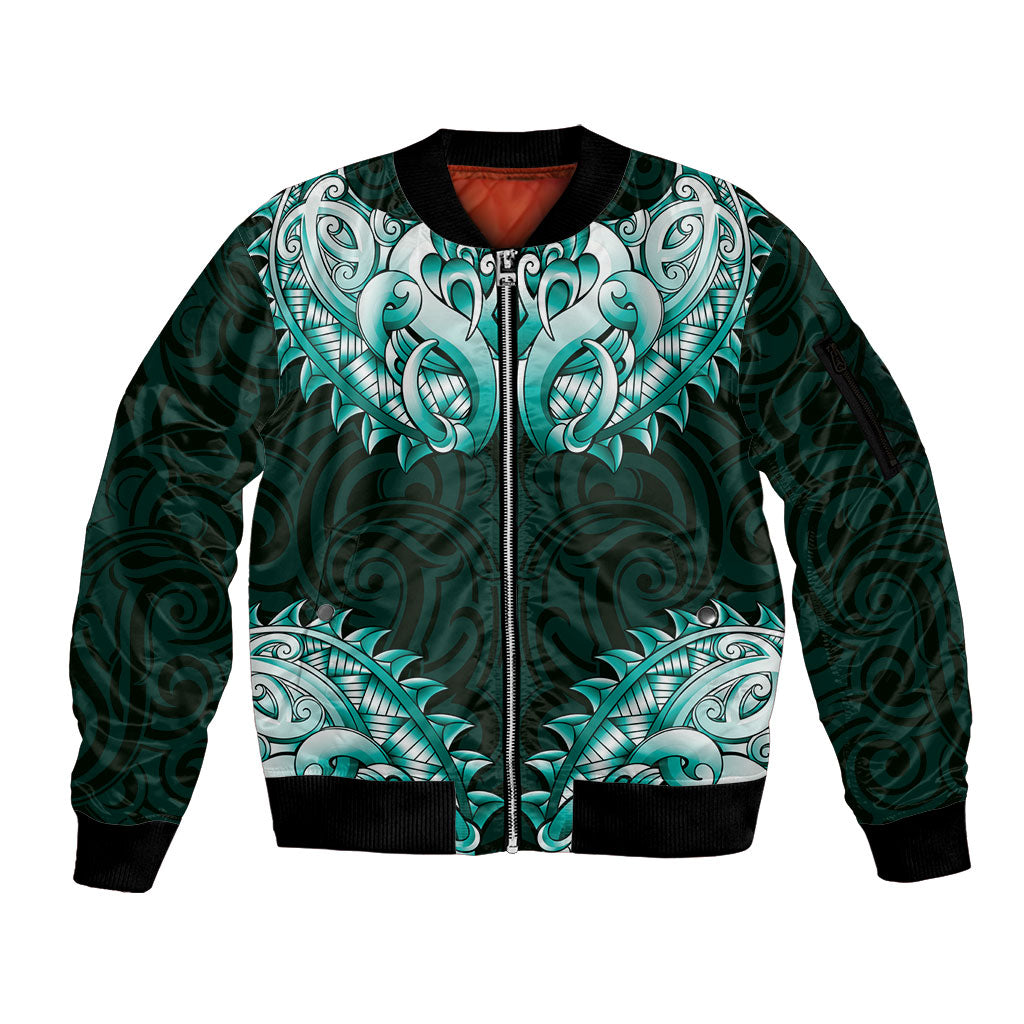 New Zealand Ta Moko Sleeve Zip Bomber Jacket Aotearoa Maori Chest Tattoo Turquoise