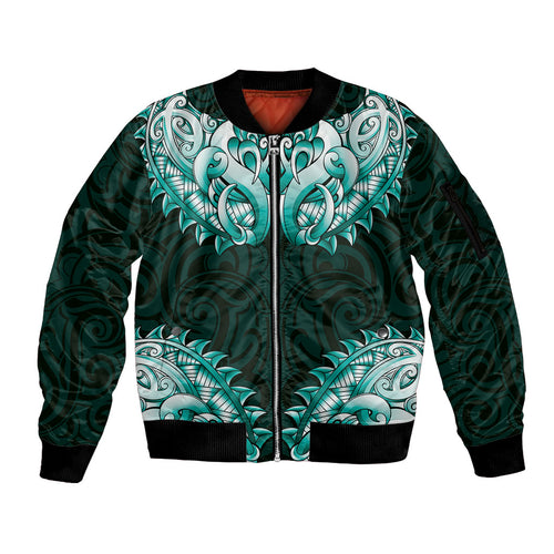 New Zealand Ta Moko Sleeve Zip Bomber Jacket Aotearoa Maori Chest Tattoo Turquoise
