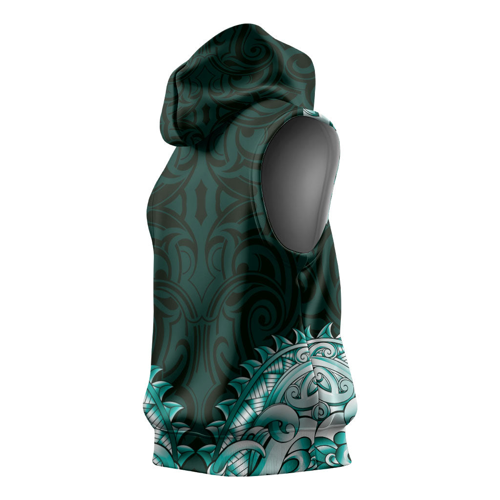 New Zealand Ta Moko Sleeveless Hoodie Aotearoa Maori Chest Tattoo Turquoise
