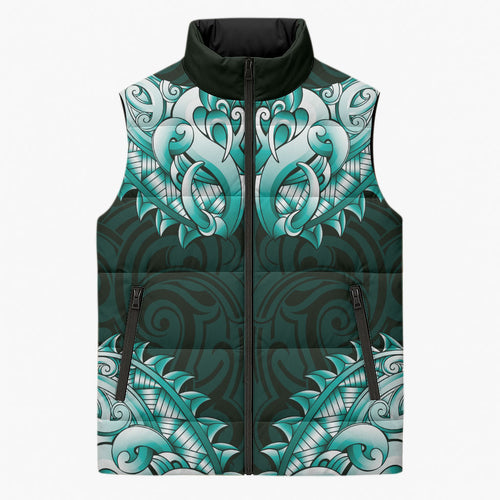 New Zealand Ta Moko Sleeveless Puffer Jacket Aotearoa Maori Chest Tattoo Turquoise