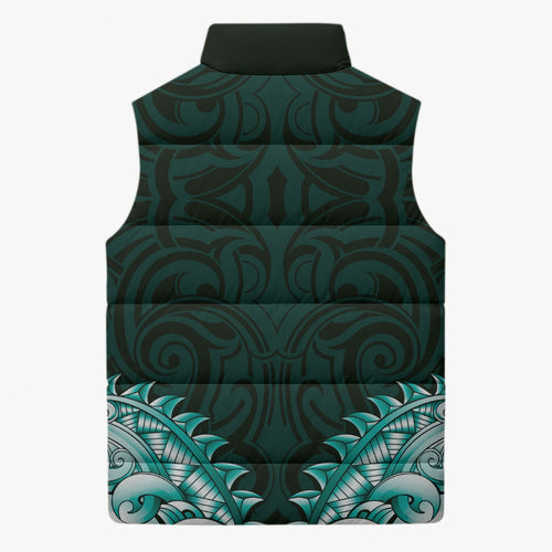 New Zealand Ta Moko Sleeveless Puffer Jacket Aotearoa Maori Chest Tattoo Turquoise