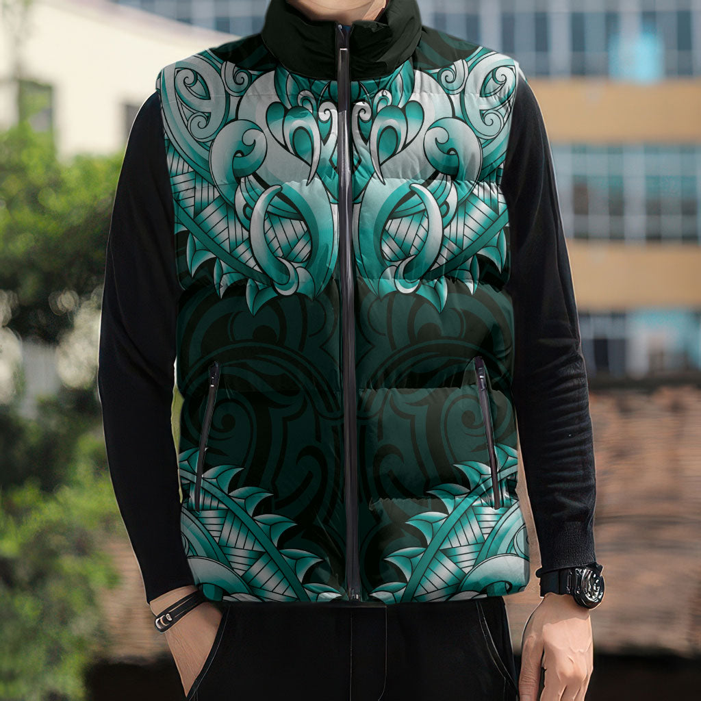 New Zealand Ta Moko Sleeveless Puffer Jacket Aotearoa Maori Chest Tattoo Turquoise