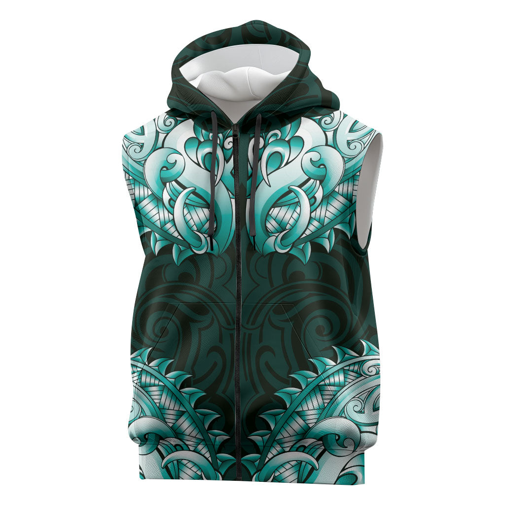 New Zealand Ta Moko Sleeveless Zip Hoodie Aotearoa Maori Chest Tattoo Turquoise