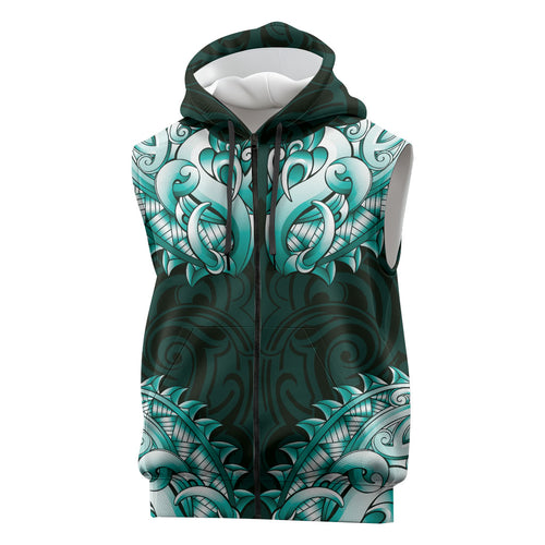New Zealand Ta Moko Sleeveless Zip Hoodie Aotearoa Maori Chest Tattoo Turquoise