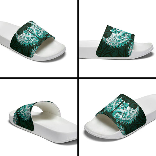 New Zealand Ta Moko Slide Sandals Aotearoa Maori Chest Tattoo Turquoise
