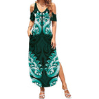 New Zealand Ta Moko Summer Maxi Dress Aotearoa Maori Chest Tattoo Turquoise