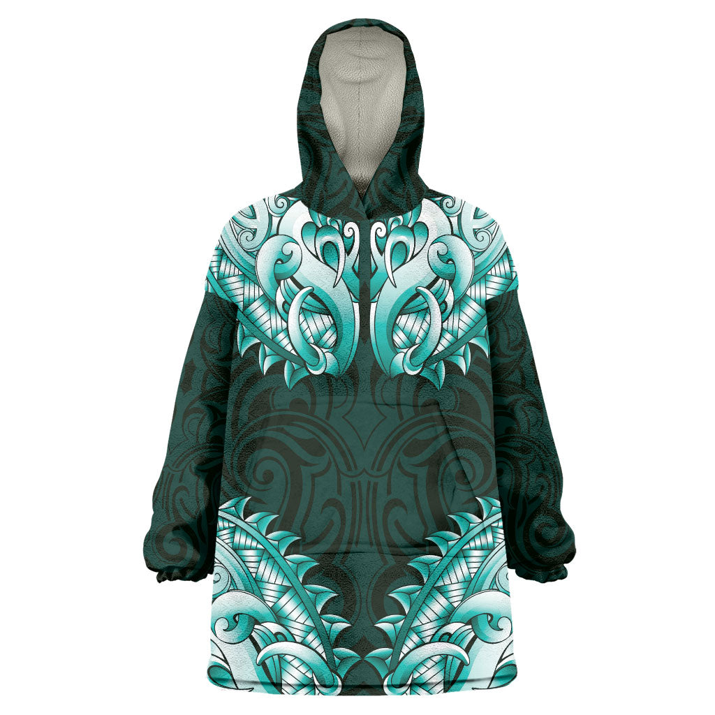 New Zealand Ta Moko Wearable Blanket Hoodie Aotearoa Maori Chest Tattoo Turquoise