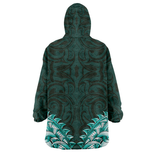 New Zealand Ta Moko Wearable Blanket Hoodie Aotearoa Maori Chest Tattoo Turquoise