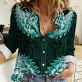 New Zealand Ta Moko Women Casual Shirt Aotearoa Maori Chest Tattoo Turquoise