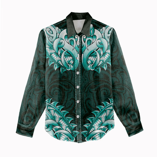 New Zealand Ta Moko Women Casual Shirt Aotearoa Maori Chest Tattoo Turquoise