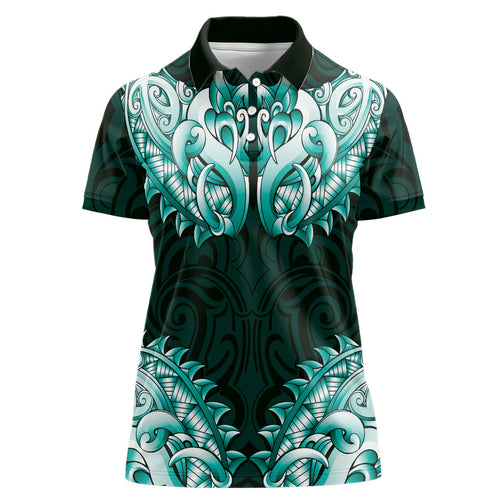 New Zealand Ta Moko Women Polo Shirt Aotearoa Maori Chest Tattoo Turquoise